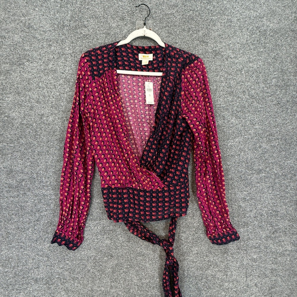 Maeve Shirt Women 10 Pink Floral Long Sleeve Wrap  V-Neck Tie Anthropologie NEW